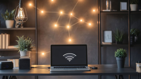 A stylish modern workspace featuring a laptop displaying a Wi-Fi icon, enhancing a cozy and creative atmosphere with plants and warm lighting.の素材