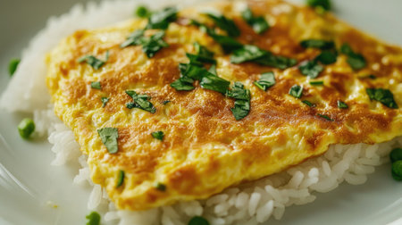 Close-up of fluffy omelet on steamed rice, the rich texture of the egg and vibrant green herbs contrasting beautifully on a white ceramic plateの素材