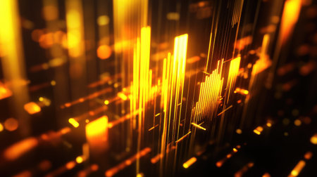 Golden bar graph on a dark background, each bar glowing and representing gold value, creating a bold visual of financial strengthの素材