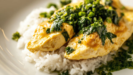Close-up of fluffy omelet on steamed rice, the rich texture of the egg and vibrant green herbs contrasting beautifully on a white ceramic plateの素材