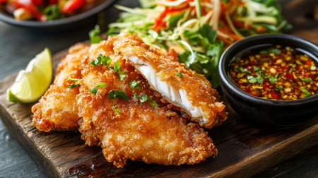 Enjoy a delectable plate of crispy fried fish fillets served with a fresh salad, zesty lime wedge, and a flavorful dipping sauce for a perfect culinary experience.の素材