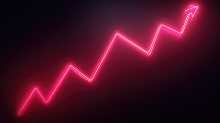 Minimalistic line graph in bright neon with ascending peaks on a dark background, symbolizing business performance and growthの素材