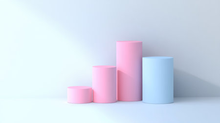 Minimalistic 3D bar graphs in pastel colors, arranged on a clean white surface with shadows, highlighting contrast and depthの素材