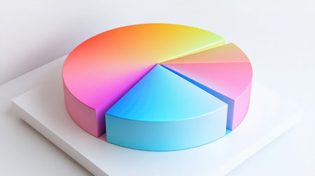 Minimalistic 3D pie chart with sleek, gradient segments arranged on a white surface, each piece representing a different financial asset classの素材