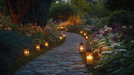 Rows of small lanterns lighting up a path through a tranquil garden at dusk, each casting a soft, inviting glow along the stone walkwayの素材