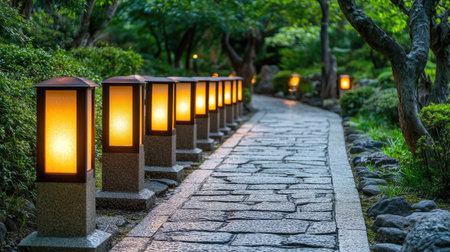 Rows of small lanterns lighting up a path through a tranquil garden at dusk, each casting a soft, inviting glow along the stone walkwayの素材
