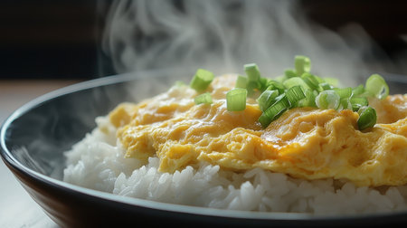 Steaming white rice topped with a thick, silky egg omelet, lightly garnished with chopped green onions and served on a minimalist plateの素材