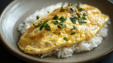 Soft, golden omelet draped over white rice with a side of parsley on a ceramic plate, set against a dark background for added warmthの素材