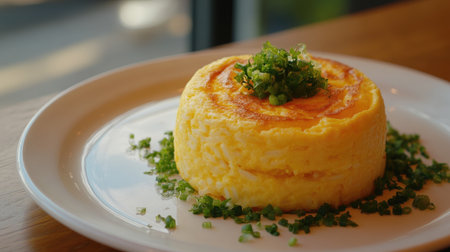 White rice crowned by a smooth, buttery omelet, with hints of green garnish, creating a deliciously simple yet appetizing presentationの素材