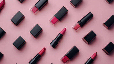 Assorted lipsticks, foundation bottles, and mascara, scattered on a blush pink background, modern and playful beauty themeの素材