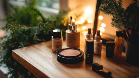 Assorted makeup products including blush, eyeliner, and highlighter on a wooden vanity, soft warm lighting, luxurious feelの素材
