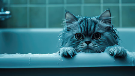 Fluffy Persian cat with water droplets on its fur, standing on all fours in a shallow bathtub, suds on its pawsの素材