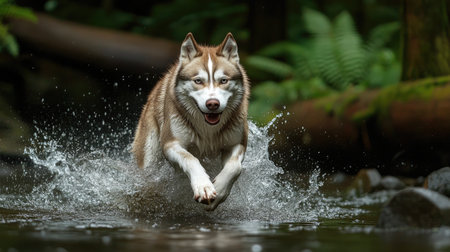 Husky running through a stream, water splashing up, focused expression, forest setting, natural lightの素材
