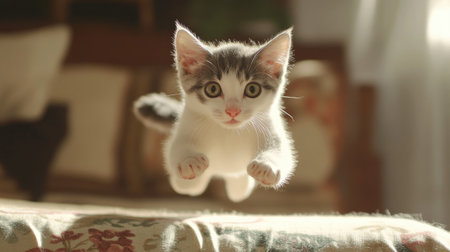White and gray cat jumping over a couch, eyes wide, playful expression, chasing an invisible objectの素材