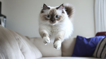 White and gray cat jumping over a couch, eyes wide, playful expression, chasing an invisible objectの素材