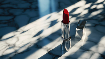 Open lipstick tube with a red shade, lying on a marble countertop, soft natural lighting, minimal and chic settingの素材
