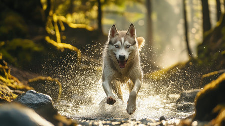 Husky running through a stream, water splashing up, focused expression, forest setting, natural lightの素材