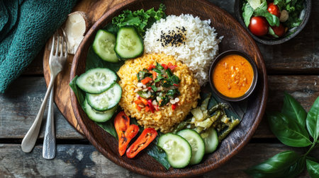 A colorful and vibrant plate featuring rice, fresh vegetables, and a rich sauce, perfect for showcasing healthy, delicious cuisine in a rustic setting.の素材