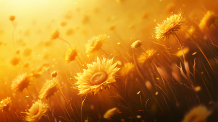 A captivating field of yellow flowers basking in warm sunlight, creating a serene and vibrant atmosphere perfect for evoking feelings of joy and tranquility.の素材