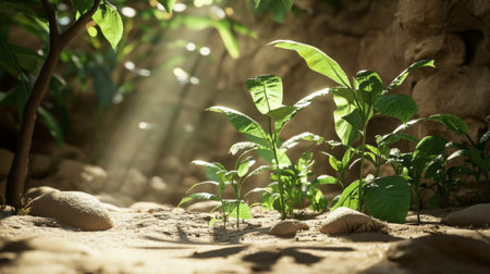 Vibrant green leaves rise from the earthy ground, illuminated by golden sunlight. Delicate plants thrive amidst natural surroundings, embodying growth and tranquility.の素材