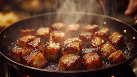 Juicy pieces of pork sizzling in a hot frying pan, creating an inviting aroma and mouthwatering glaze. Perfect for culinary enthusiasts and food lovers.の素材