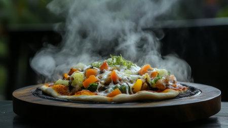 A freshly baked pizza topped with colorful vegetables and melted cheese, emitting steam. Perfect for food lovers and healthy meal ideas, this dish showcases vibrant ingredients and rustic presentation.の素材