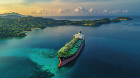 An impressive tanker ship anchored in calm waters, surrounded by deep blue sea and distant islands, showcasing the scale and power of maritime transportの素材