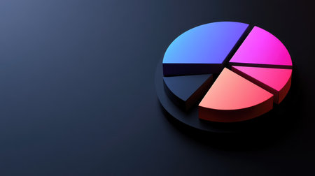 Gradient-colored 3D pie chart segments arranged on a sleek black background, each slice casting subtle shadows for a clean, modern lookの素材