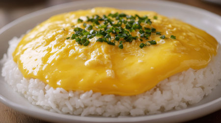 Rice topped with a thick, creamy egg omelet, showing the perfectly runny texture and rich color, served on a white plate with minimal garnishの素材