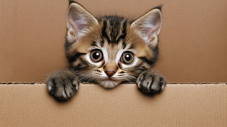 Small tabby kitten with a bell collar, hiding in a cardboard box, peeking out with wide eyes, playful and curiousの素材