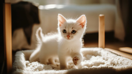 White kitten exploring a fresh litter box, paws slightly raised, sniffing around, cozy and bright indoor settingの素材