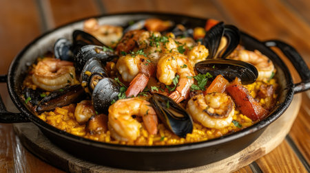 Mixed seafood paella with shrimp, mussels, and squid, saffron rice, vibrant colors, served in a traditional pan, rustic settingの素材