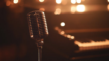 A vintage microphone stands prominently before a grand piano, surrounded by soft, glowing lights that create a warm and inviting atmosphere for music and performance.の素材