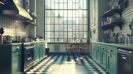 A bright and airy kitchen featuring vintage charm with modern appliances. Sunlight streams through large windows, enhancing the cozy ambiance for culinary activities.の素材