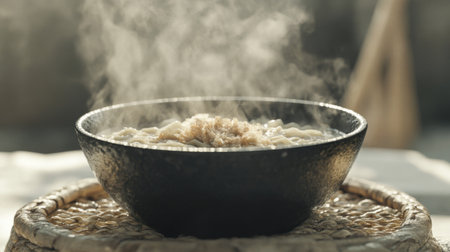A beautifully captured bowl of steaming noodles sits on a rustic table, highlighting the warmth and appeal of a comforting meal in a cozy setting.の素材
