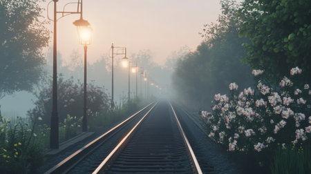 A serene morning scene showcasing quiet train tracks surrounded by fog and blooming flowers, offering a tranquil atmosphere perfect for relaxation and reflection.の素材