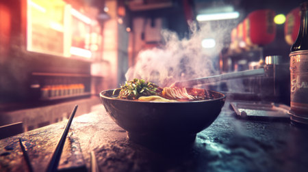 A colorful bowl of steaming ramen showcases fresh ingredients and rich broth, inviting diners to enjoy a warm culinary experience in a vibrant restaurant setting.の素材