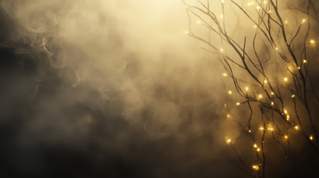 A stunning background featuring ethereal smoke and twinkling fairy lights on branches, perfect for creating a cozy ambiance and enhancing visual storytelling.の素材