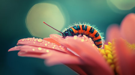 A close-up view of a colorful caterpillar perched on a vibrant pink flower petal, adorned with dew drops. This mesmerizing image captures the beauty of nature in stunning detail.の素材