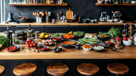 A vibrant display of fresh vegetables, herbs, and fruits on a modern kitchen countertop, perfect for cooking enthusiasts seeking inspiration and culinary creativity.の素材