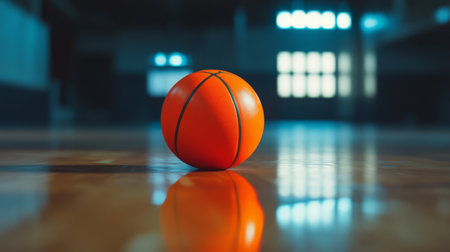 A vibrant orange basketball sits on a polished wooden gym floor, reflecting nearby lights. Ideal for sports themes, athletic activities, and dynamic action scenes.の素材