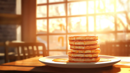 A beautiful stack of fluffy pancakes drizzled with syrup, served on a plate. The warm sunlight creates a cozy atmosphere, perfect for a delicious breakfast.の素材