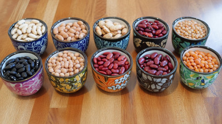 A vibrant assortment of dried beans displayed in decorative bowls showcases their unique colors and textures, perfect for culinary inspiration and healthy meal prep.の素材