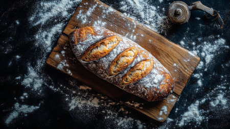 A beautifully baked artisan bread rests on a wooden board, dusted with flour, capturing the essence of homemade comfort and rustic cooking style.の素材