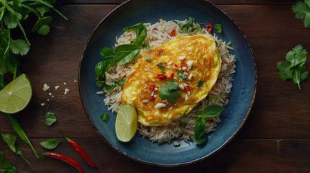 Savor a vibrant Asian omelette placed on fragrant rice, garnished with fresh herbs and lime. A perfect dish for any meal, showcasing enticing flavors.の素材