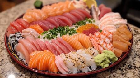 A vibrant and colorful assortment of fresh sushi and sashimi, beautifully arranged on a traditional platter, showcasing a variety of delicacies and flavors.の素材
