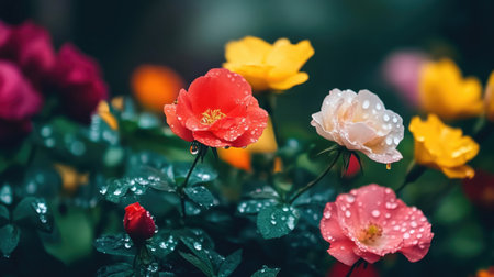 A beautiful composition of assorted flowers with droplets of rain resting on their colorful petals, showcasing the vibrant palette of nature after a stormの素材