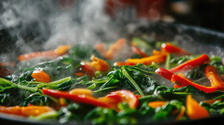 A close-up shot of hot and colorful stir-fried water spinach, with steam rising and bright greens contrasting against the red chili, inviting viewers to indulgeの素材