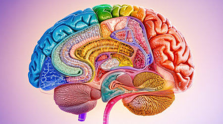 A colorful diagram of the human brain highlighting different regions, labeled with functions, surrounded by a soft gradient background for clarityの素材