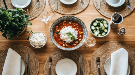 A beautifully arranged dining table featuring a bowl of tom yum goong as the centerpiece, surrounded by rice and fresh vegetables, inviting communal enjoymentの素材